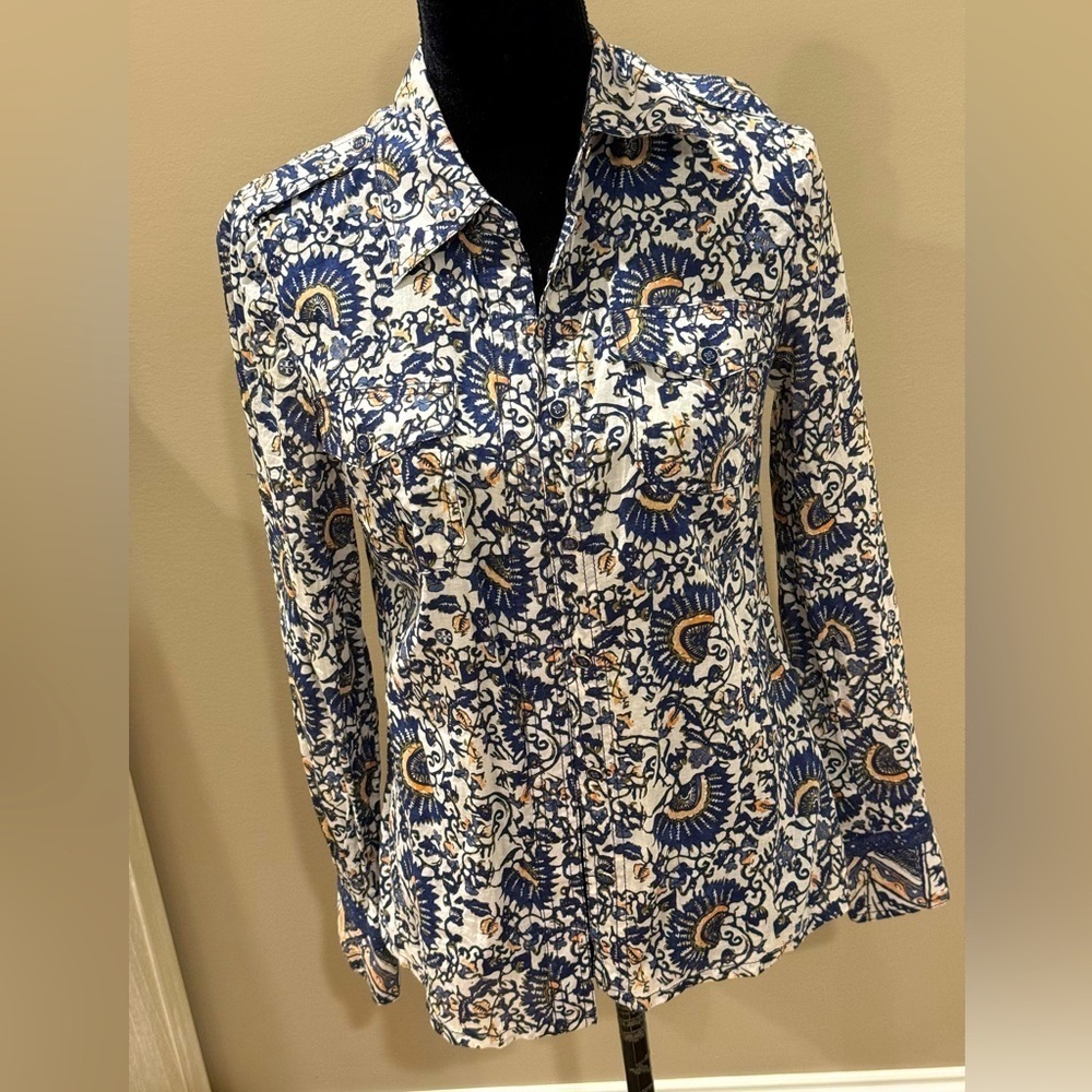 Women’s TORY BURCH Navy Brigitte floral print long sleeve button up- size 6